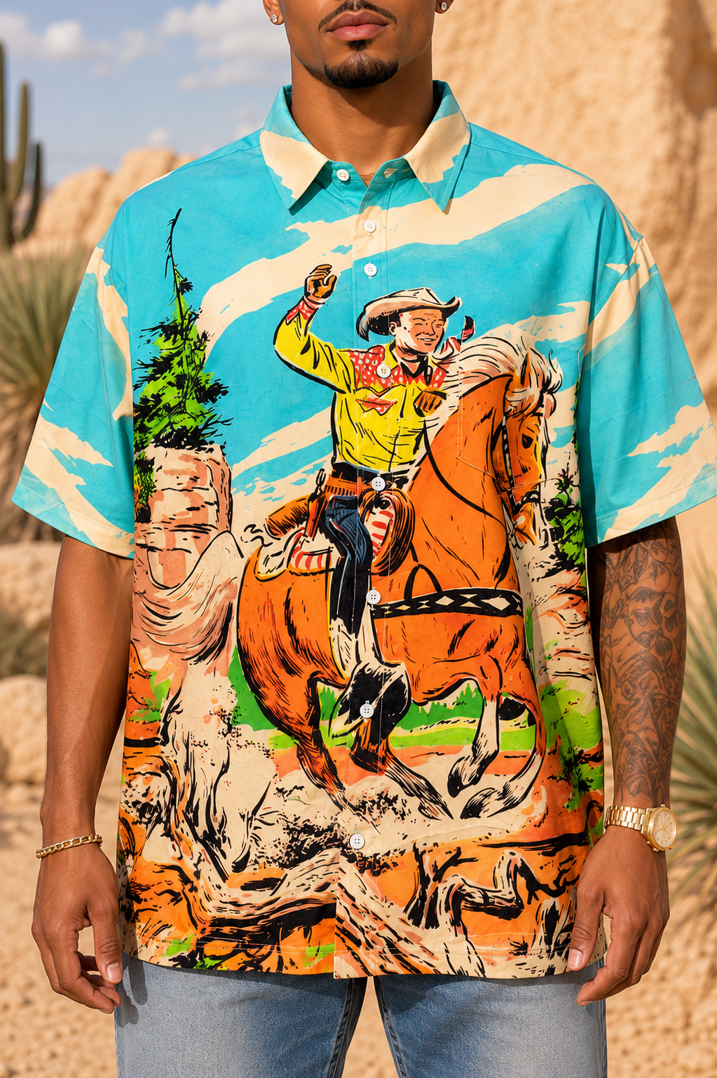 Mens Colorful Cowboy Print Button Up Shirt | Western Rodeo Graphic Shirt | LARGE
