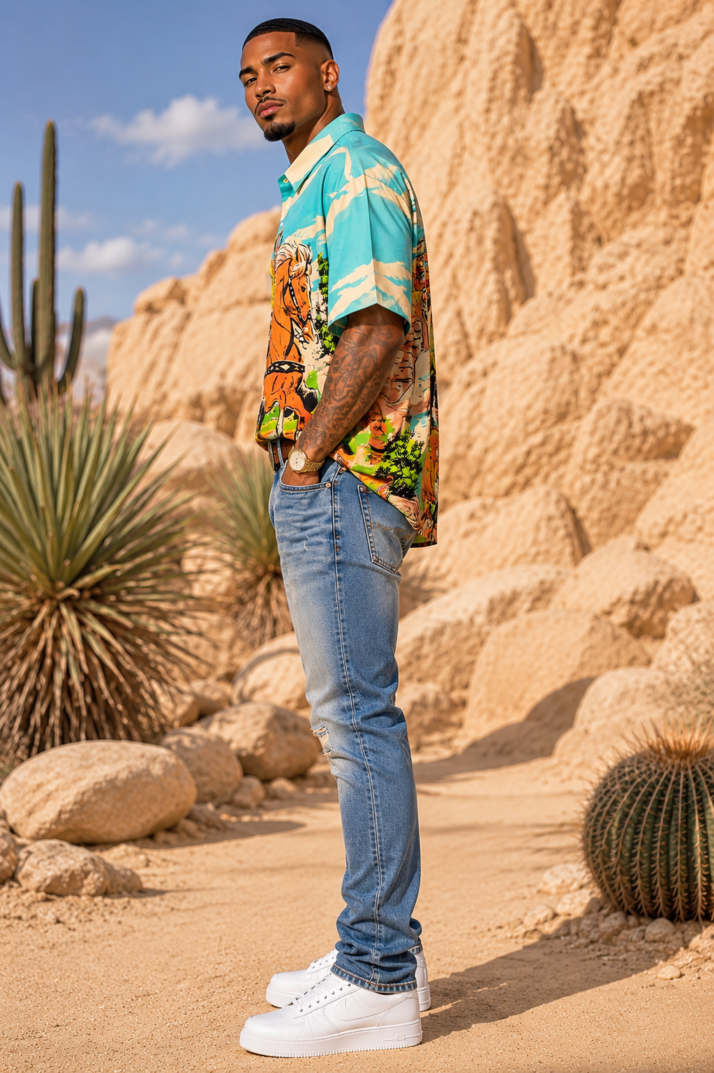 Mens Colorful Cowboy Print Button Up Shirt | Western Rodeo Graphic Shirt | LARGE