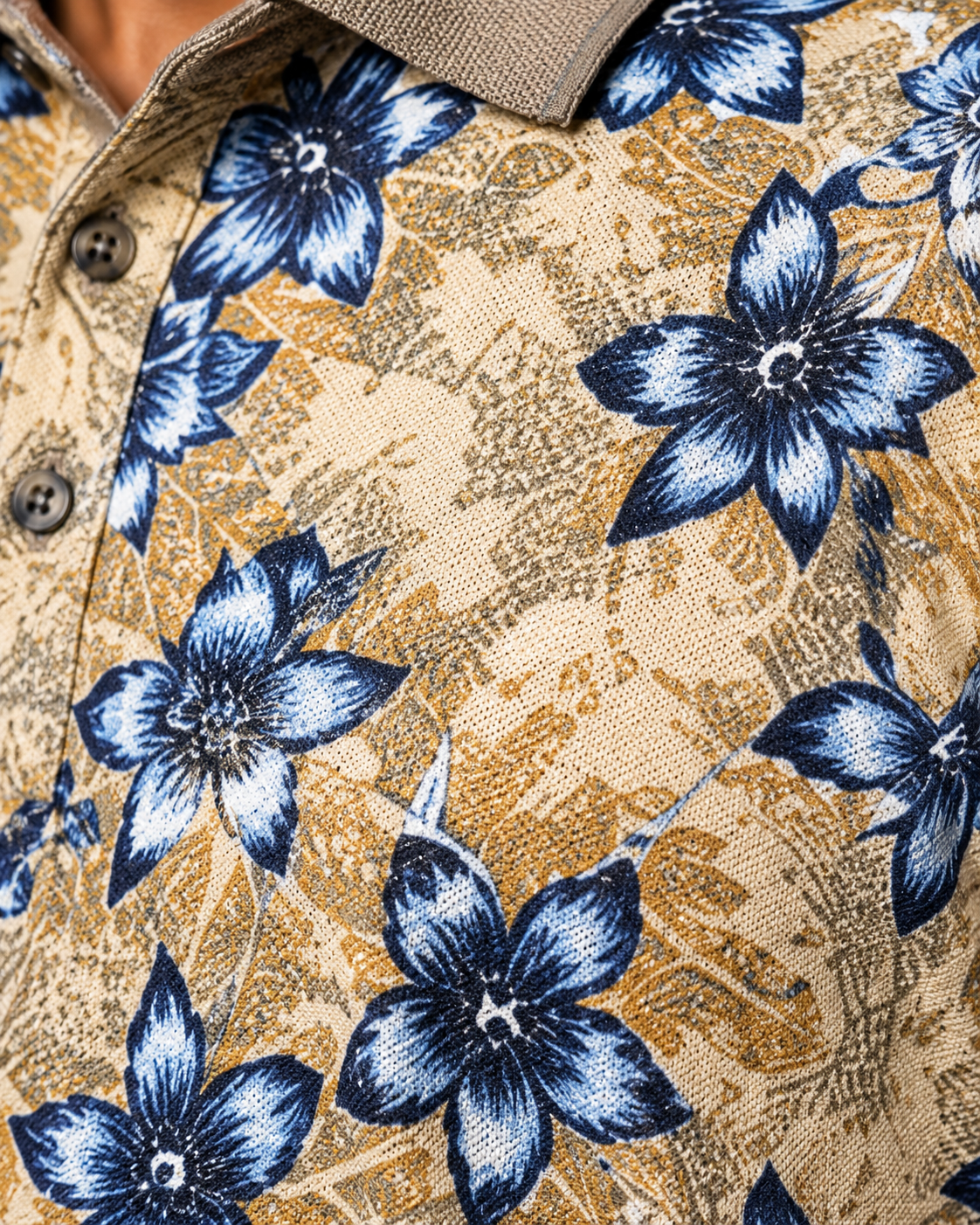 IZOD Blue Tan Tropical Floral Polo Shirt | Mens Golf Shirt Casual Resort Wear | MEDIUM