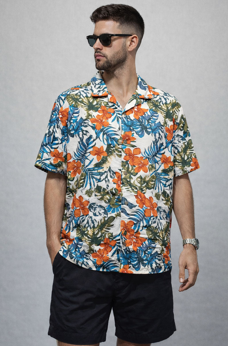 Mens Tropical Print Button Up Shirt  Hawaiian Floral Beach Vacation Shirt | LARGE
