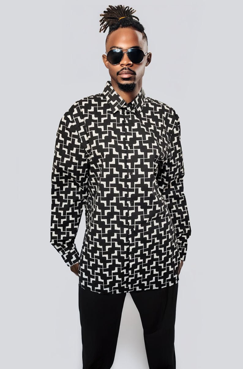 90s Style Retro Print Button Down Shirt | LARGE