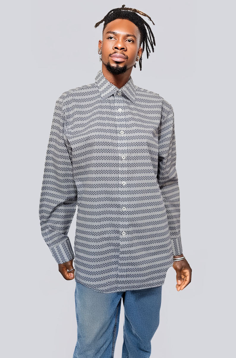 Men's Geometric Fish Print Button Down Shirt | LARGE