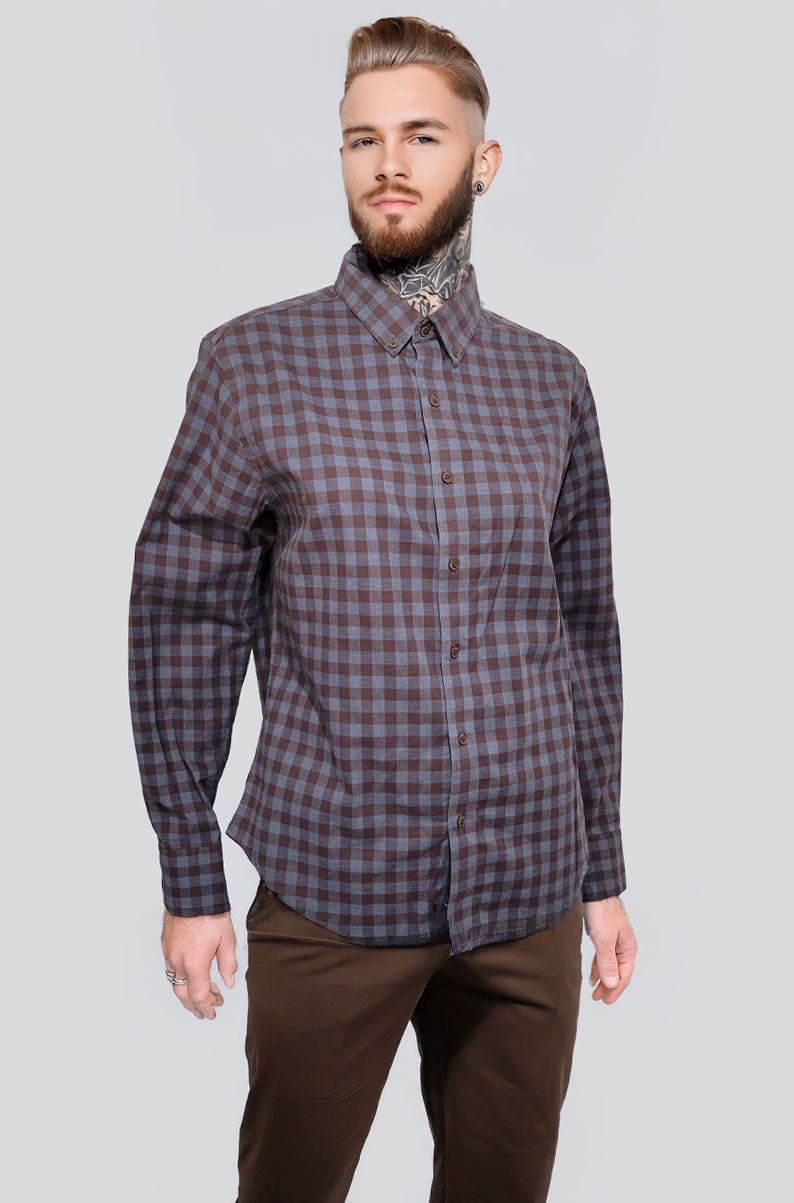 Classic Brown & Blue Oxford Button Down Shirt | MEDIUM