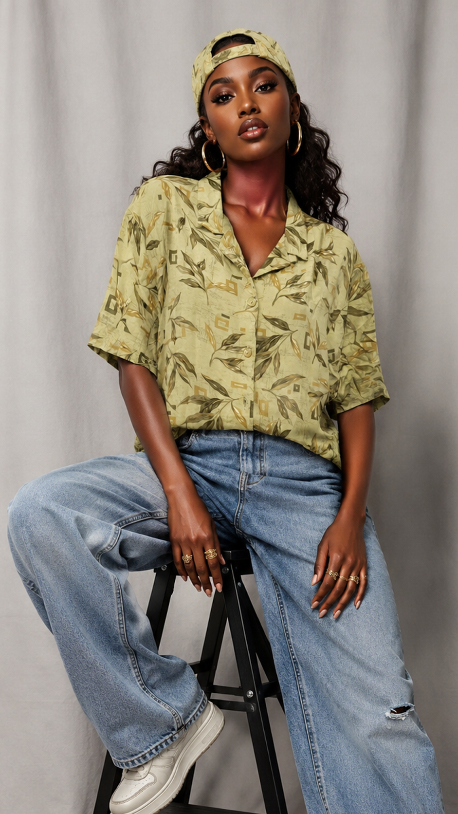 Vintage 90s Olive Green Botanical Button Up Shirt | Leaf Print Camp Collar Blouse | 2XL
