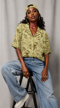 Vintage 90s Olive Green Botanical Button Up Shirt | Leaf Print Camp Collar Blouse | 2XL