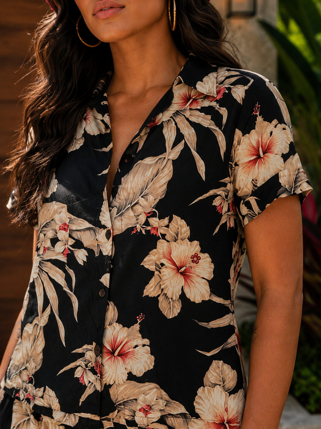 Vintage 90s Hawaiian Floral Two-Piece Set | Black Tropical Button Up & Capri Pants | L/XL