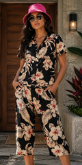 Vintage 90s Hawaiian Floral Two-Piece Set | Black Tropical Button Up & Capri Pants | L/XL