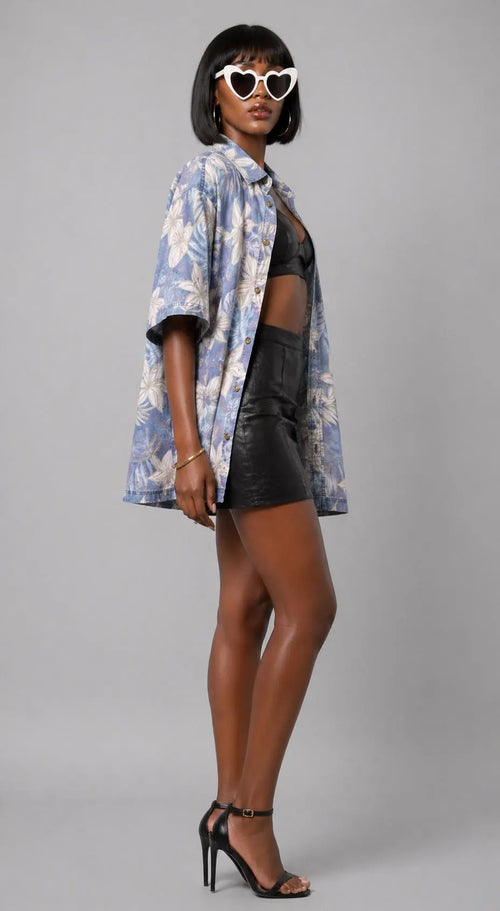 90s Light Blue Floral Button-Up Shirt | Oversized Tropical Print | Cotton Unisex Shirt | X-LARGE