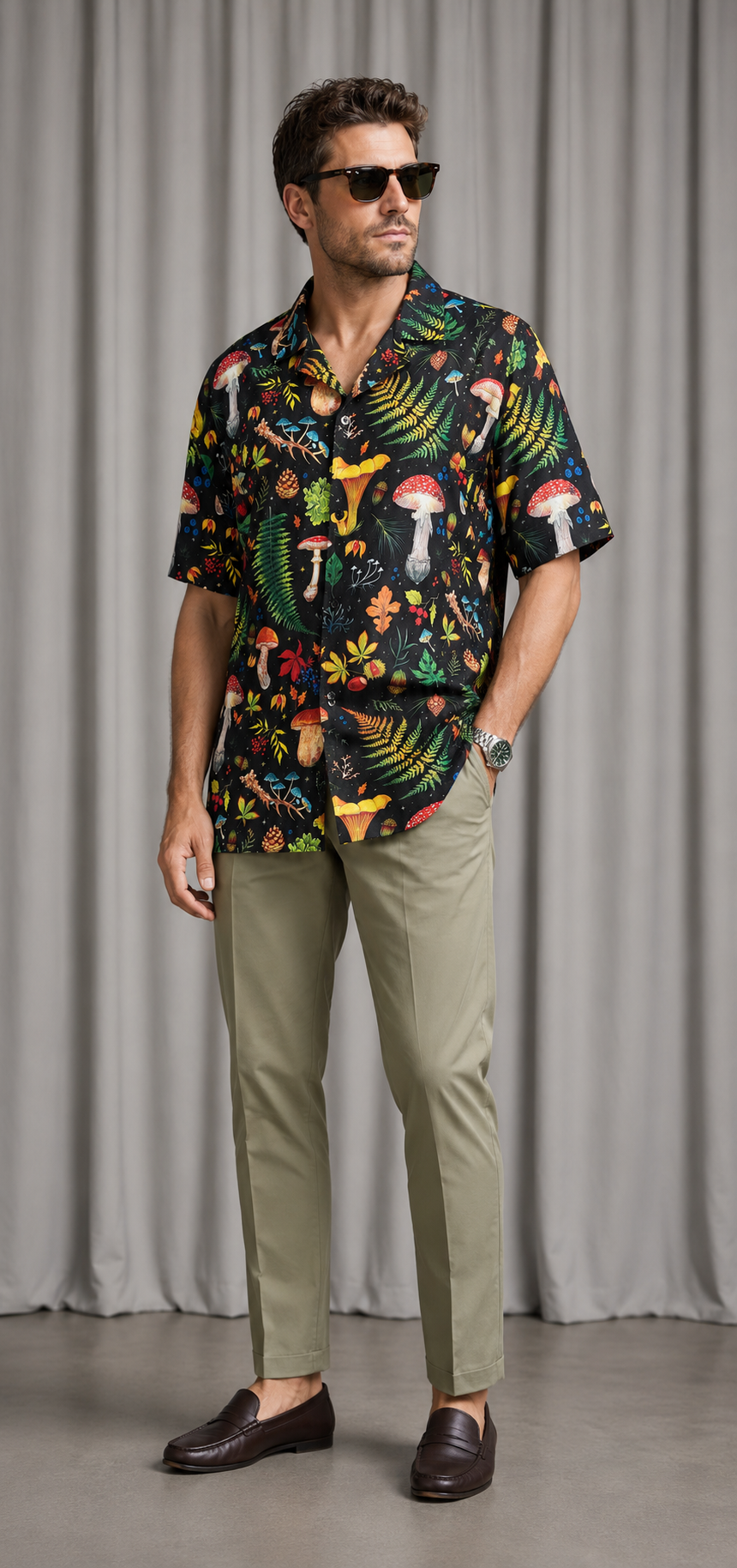 Mens Colorful Mushroom Print Button Up Shirt | 3XL