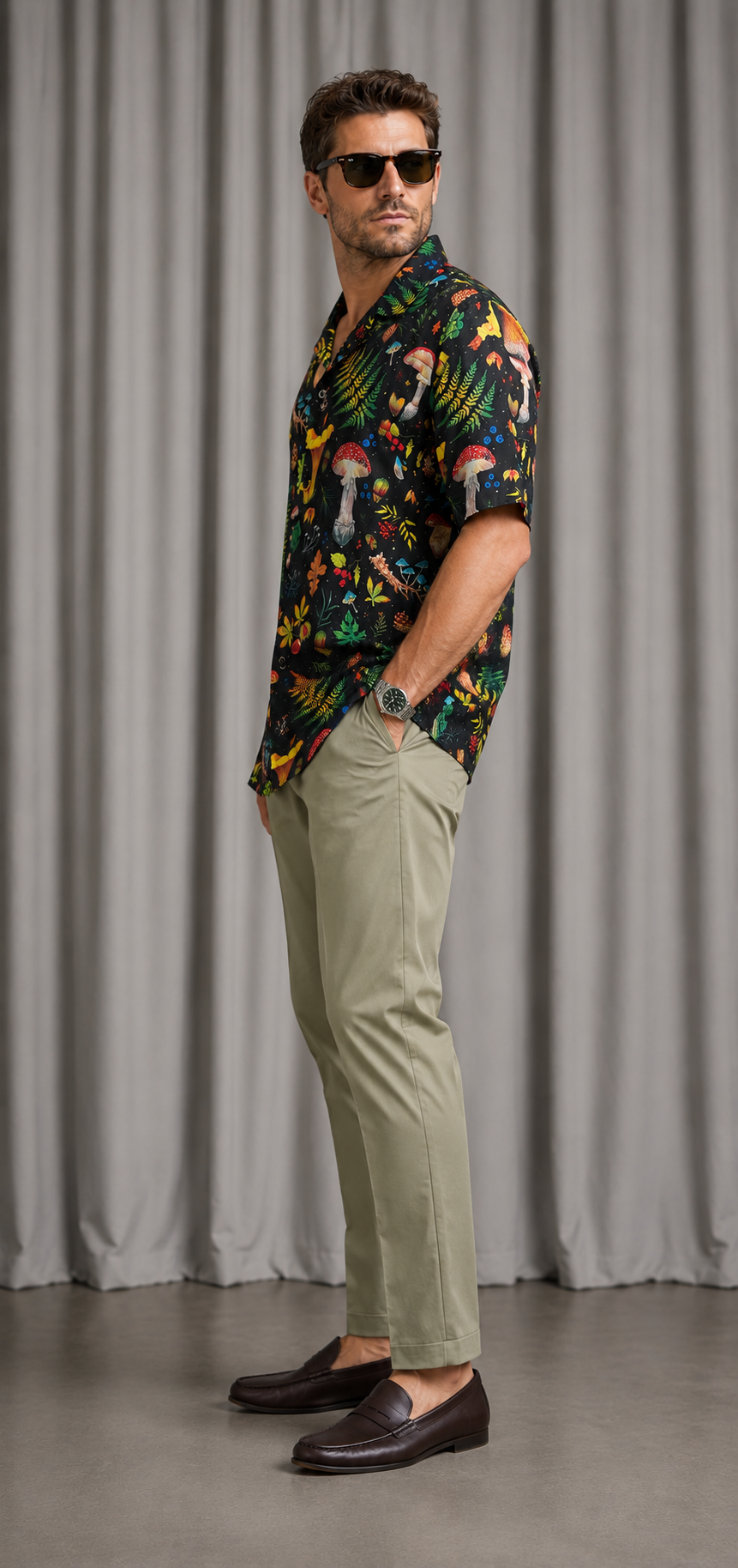Mens Colorful Mushroom Print Button Up Shirt | 3XL