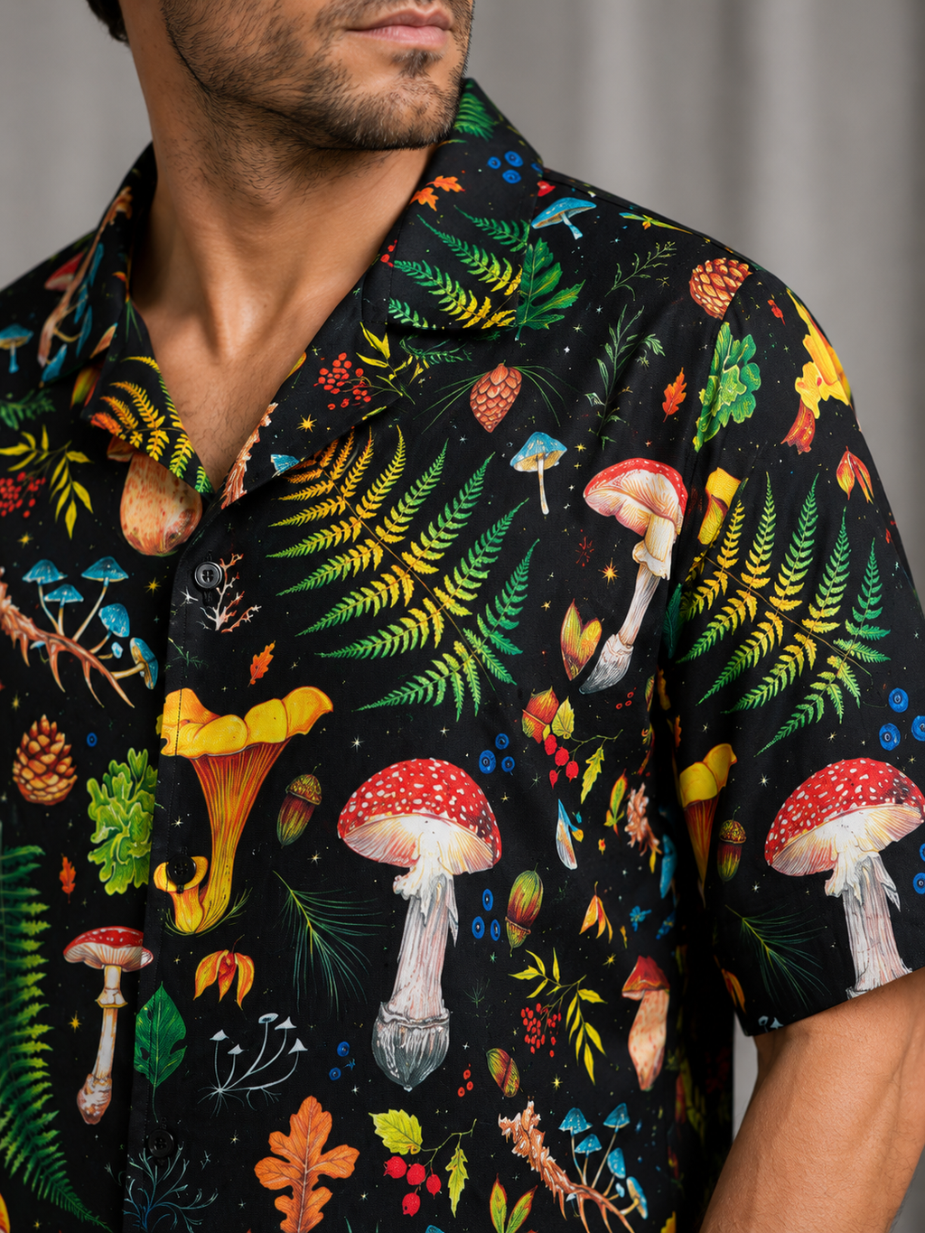 Mens Colorful Mushroom Print Button Up Shirt | 3XL