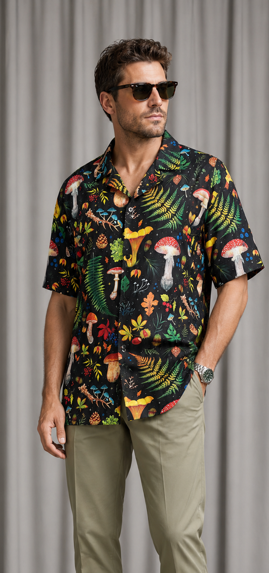 Mens Colorful Mushroom Print Button Up Shirt | 3XL