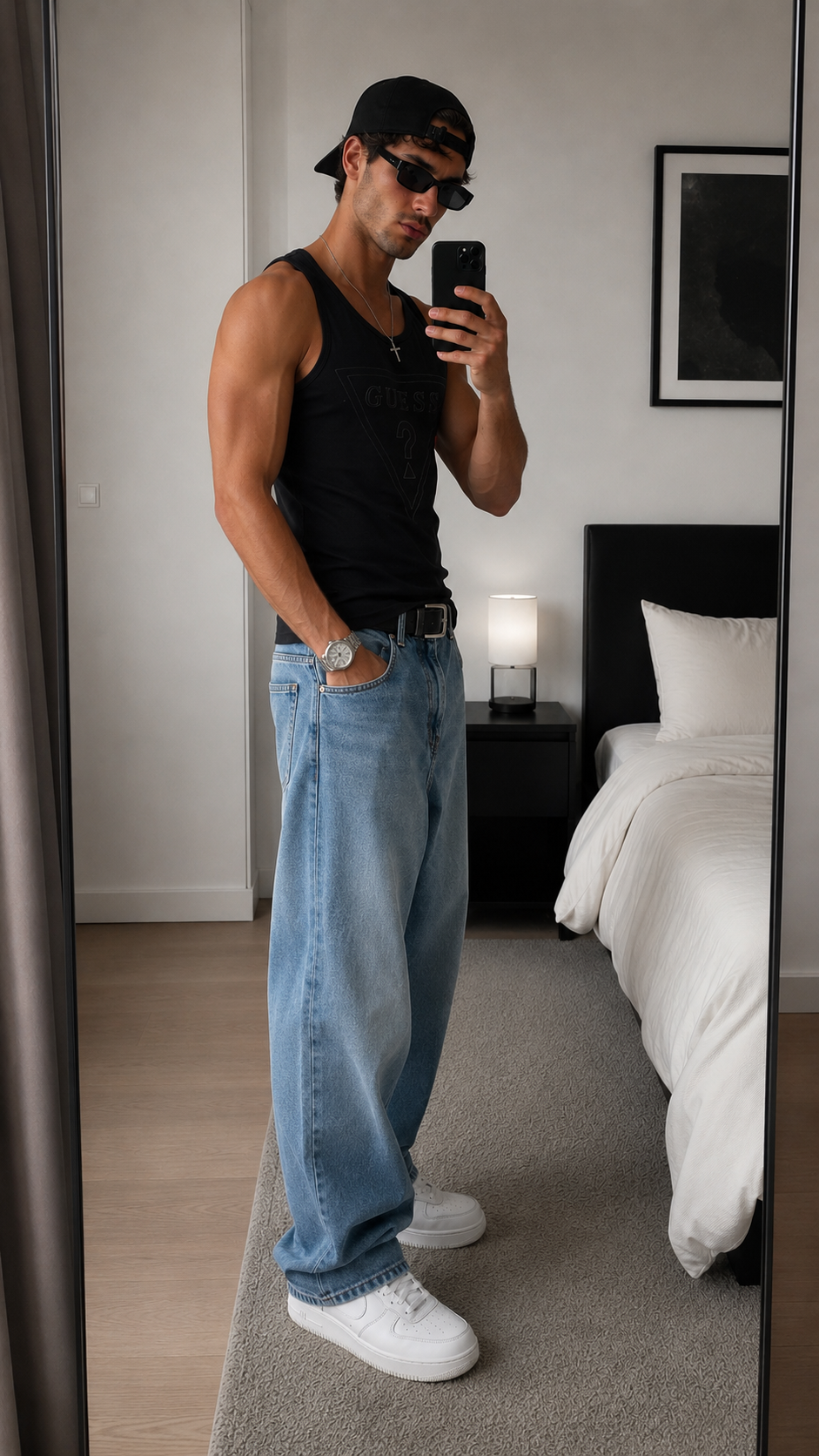 GUESS Black Logo Tank Top | Minimalist Stretch Tank | Men's MEDIUM