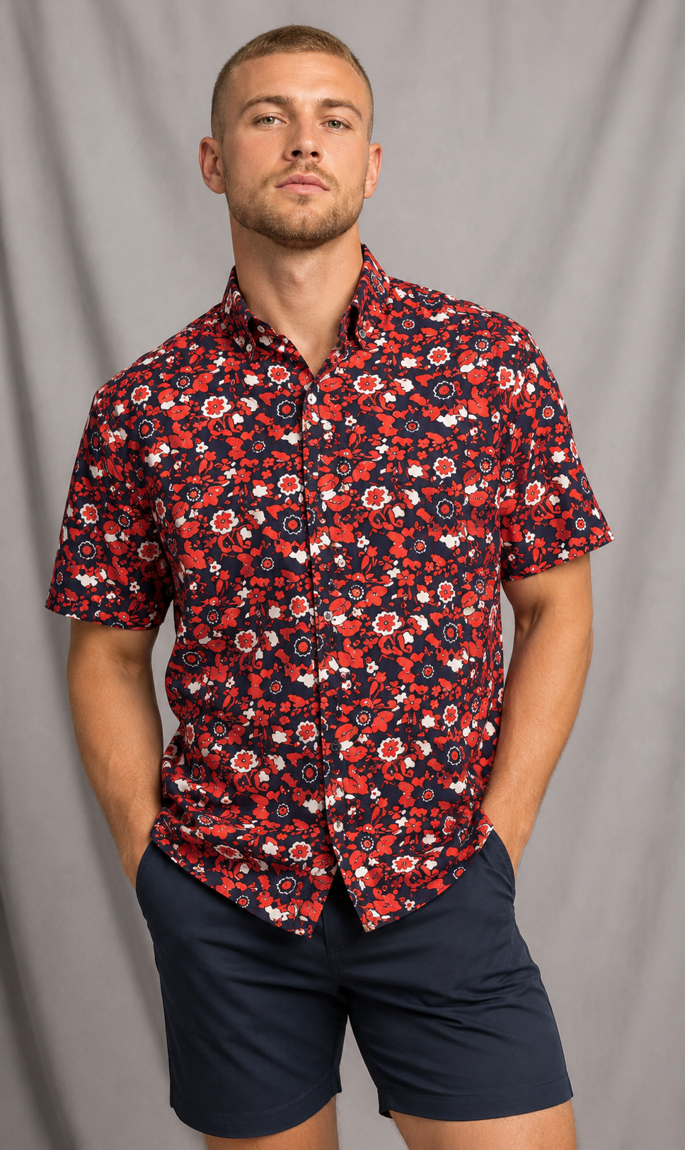Red & Navy Floral Print Button-Up Shirt | SMALL