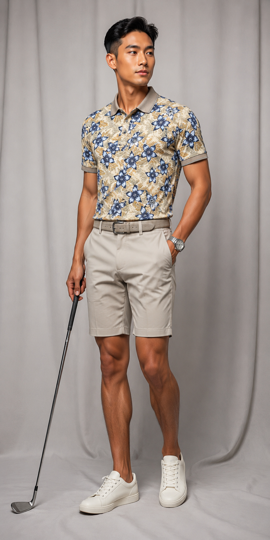 IZOD Blue Tan Tropical Floral Polo Shirt | Mens Golf Shirt Casual Resort Wear | MEDIUM