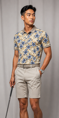 IZOD Blue Tan Tropical Floral Polo Shirt | Mens Golf Shirt Casual Resort Wear | MEDIUM