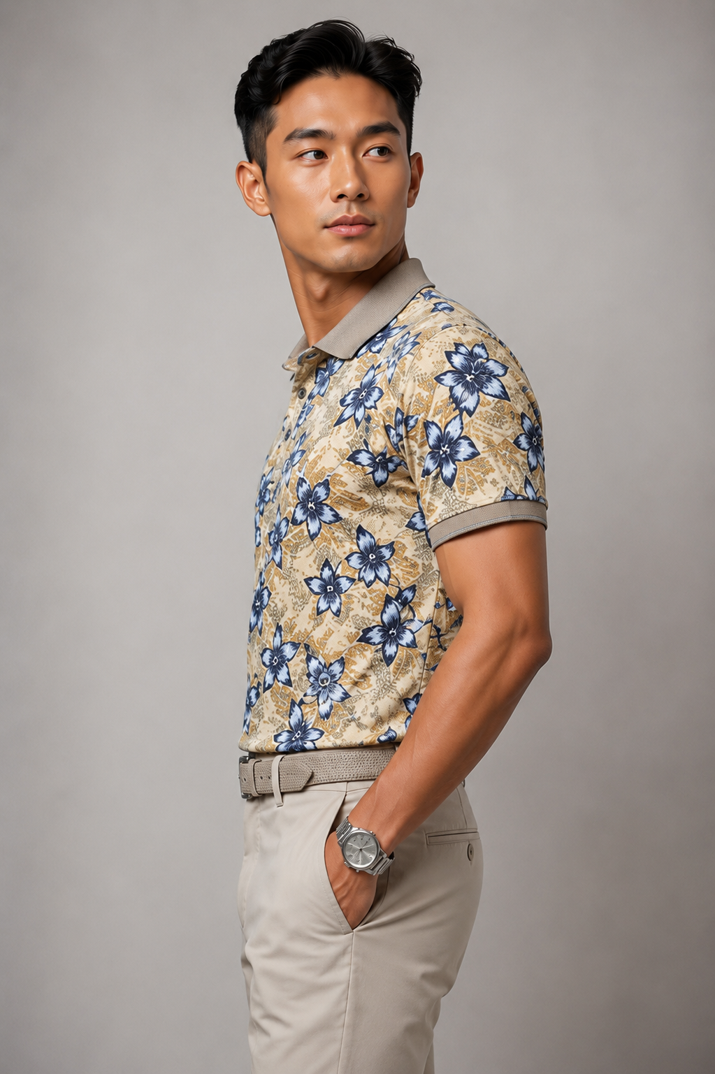 IZOD Blue Tan Tropical Floral Polo Shirt | Mens Golf Shirt Casual Resort Wear | MEDIUM