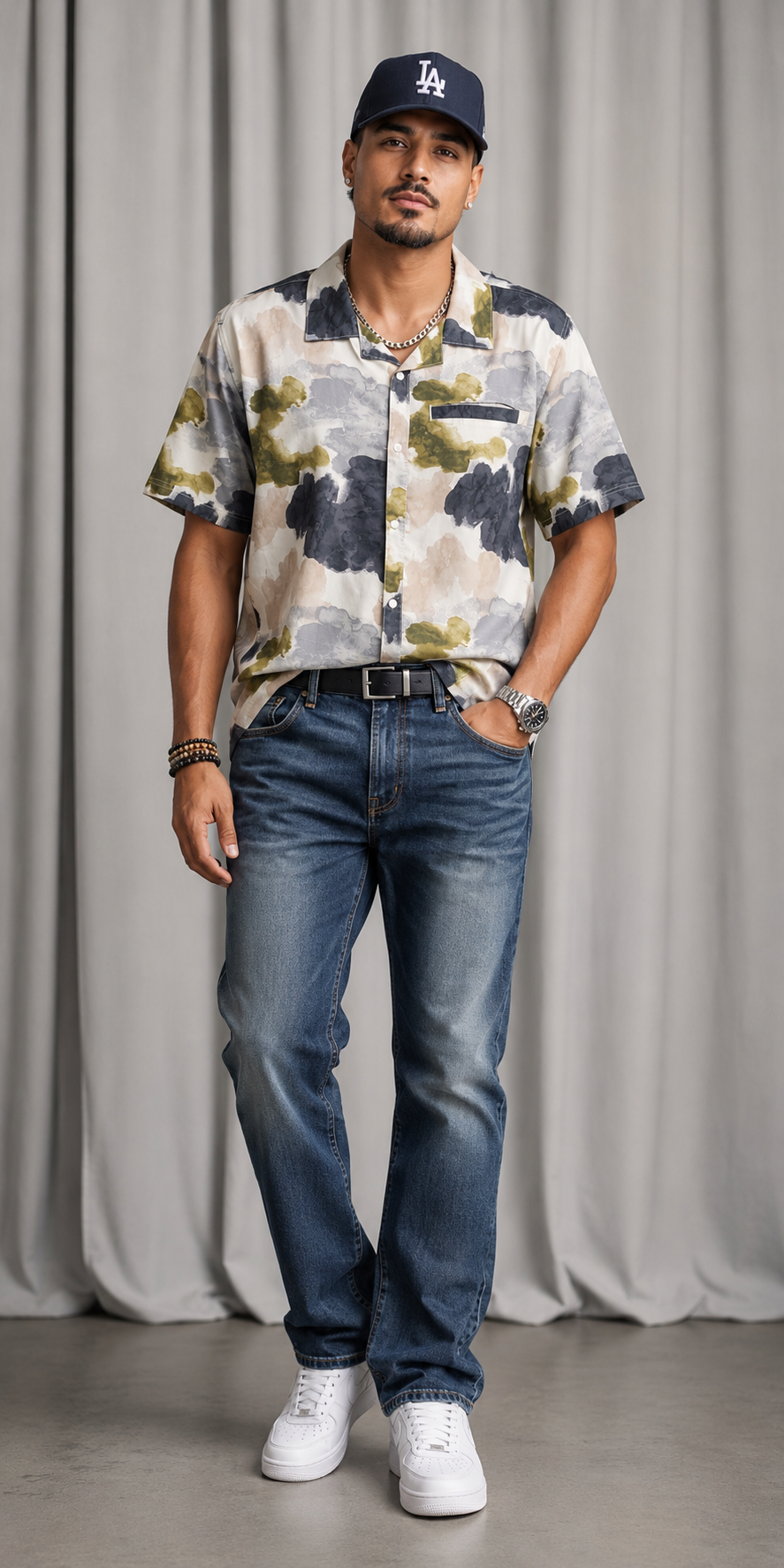 Mens Nuetral Tone Abstract Print Button Up Shirt | XL