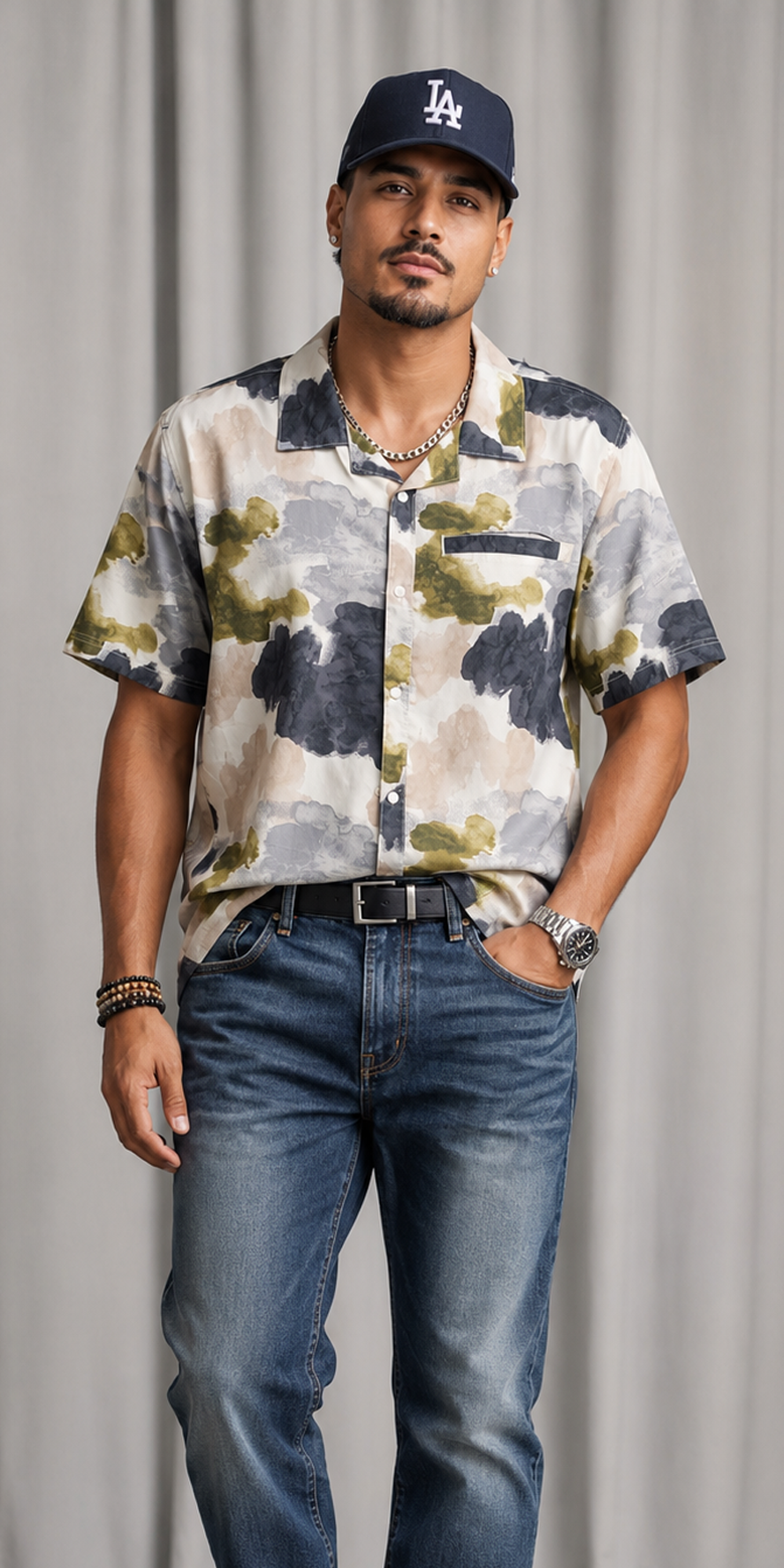 Mens Nuetral Tone Abstract Print Button Up Shirt | XL