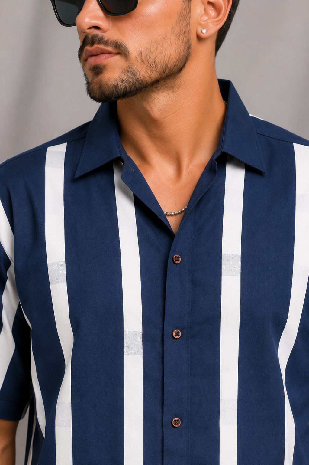Vintage 90s Navy Blue White Striped Button Down Shirt | XL