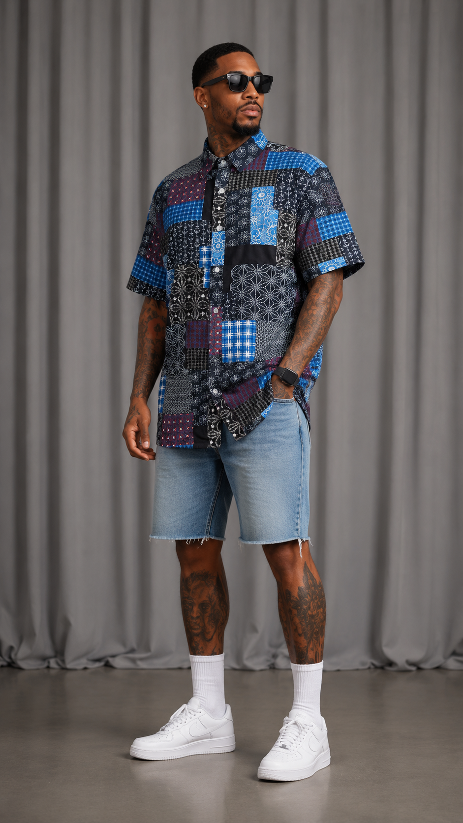 Navy Blue Patchwork Print Button Up Shirt | Mens Short Sleeve Patterned Shirt | LARGE