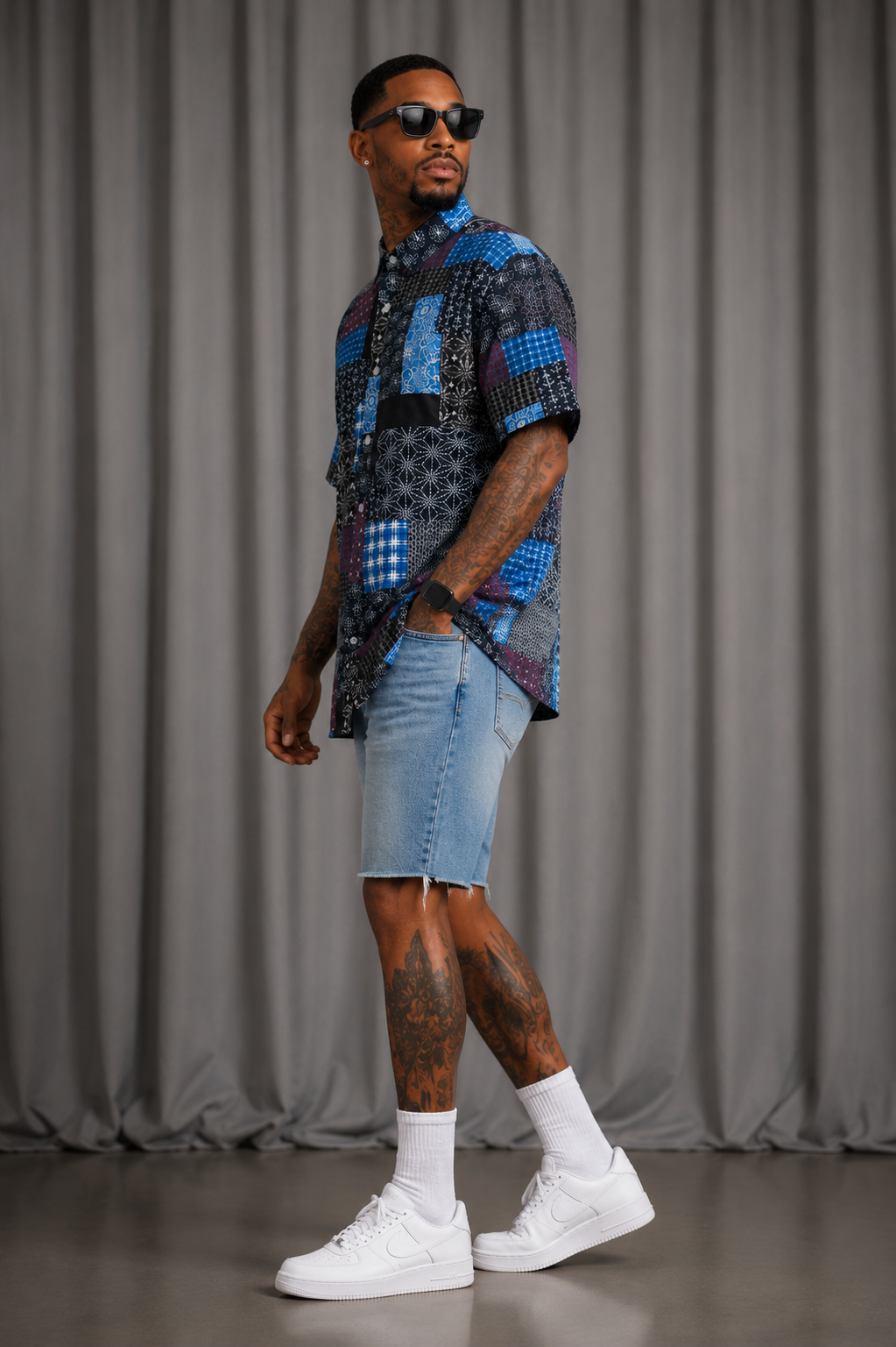 Navy Blue Patchwork Print Button Up Shirt | Mens Short Sleeve Patterned Shirt | LARGE