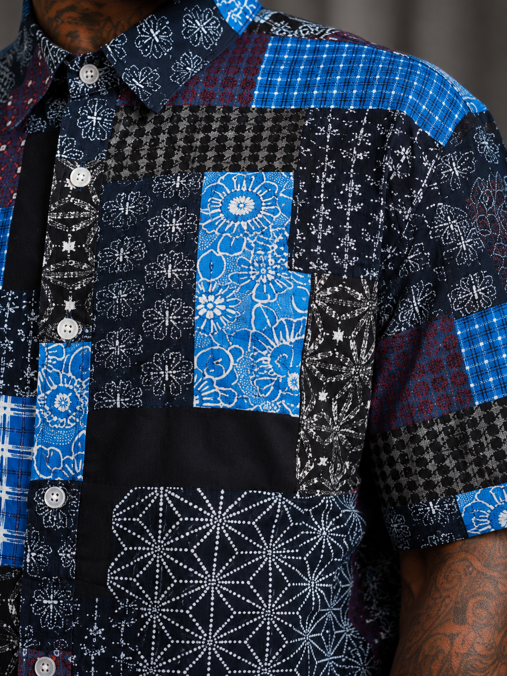 Navy Blue Patchwork Print Button Up Shirt | Mens Short Sleeve Patterned Shirt | LARGE