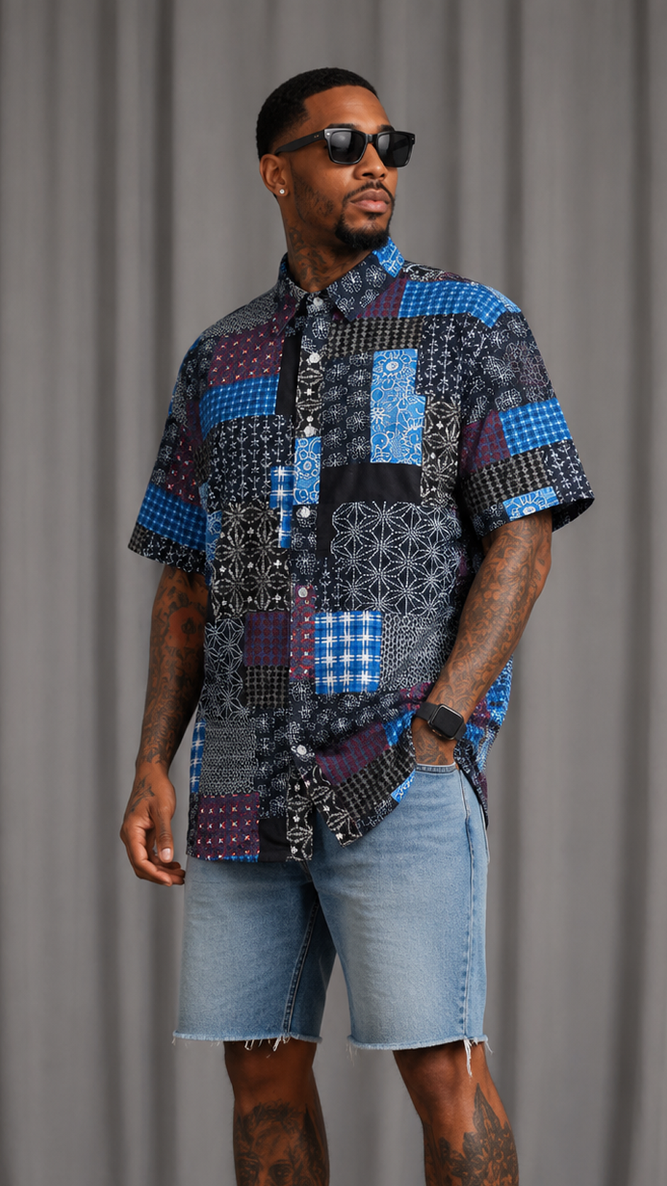 Navy Blue Patchwork Print Button Up Shirt | Mens Short Sleeve Patterned Shirt | LARGE
