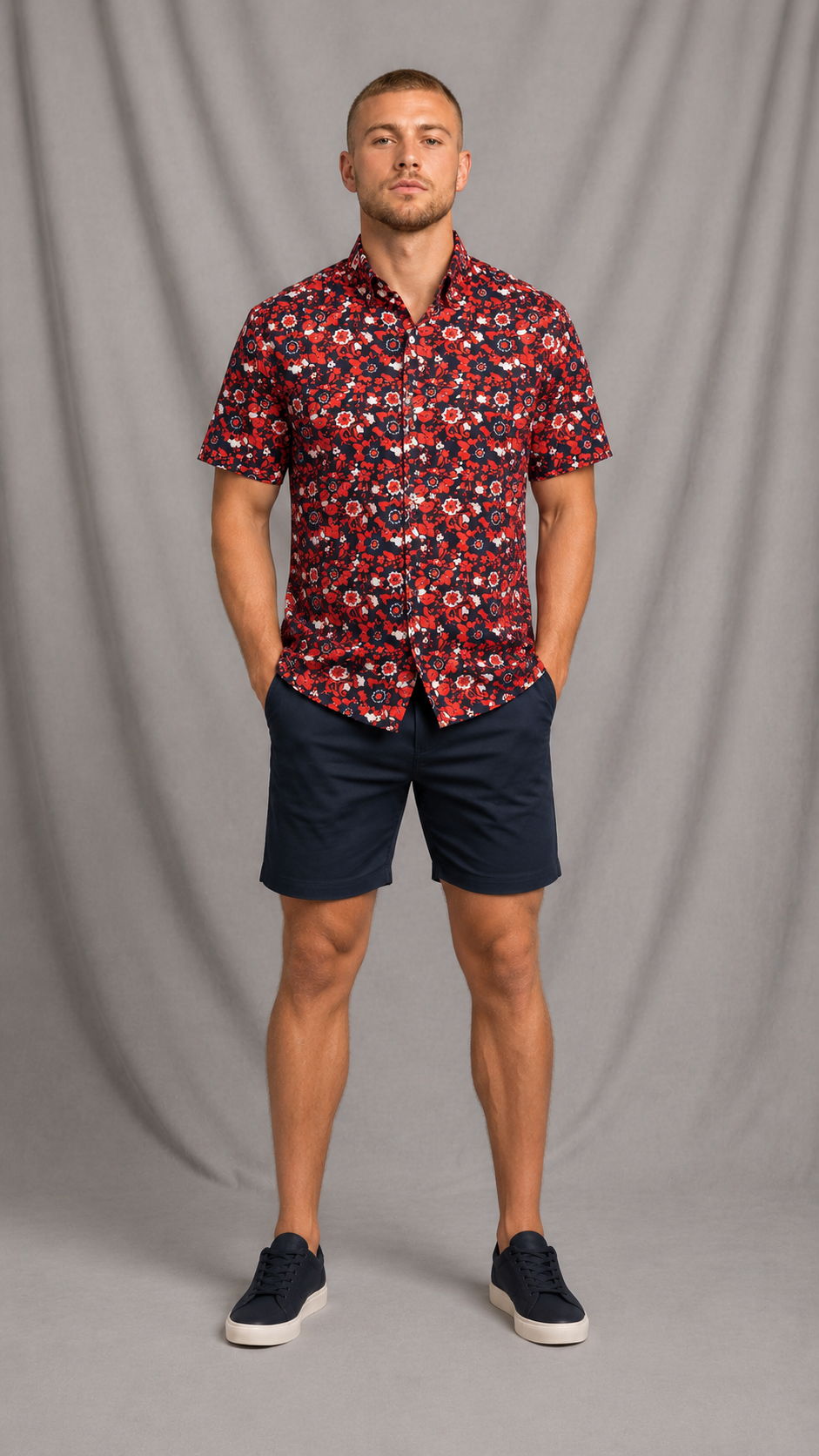 Red & Navy Floral Print Button-Up Shirt | SMALL