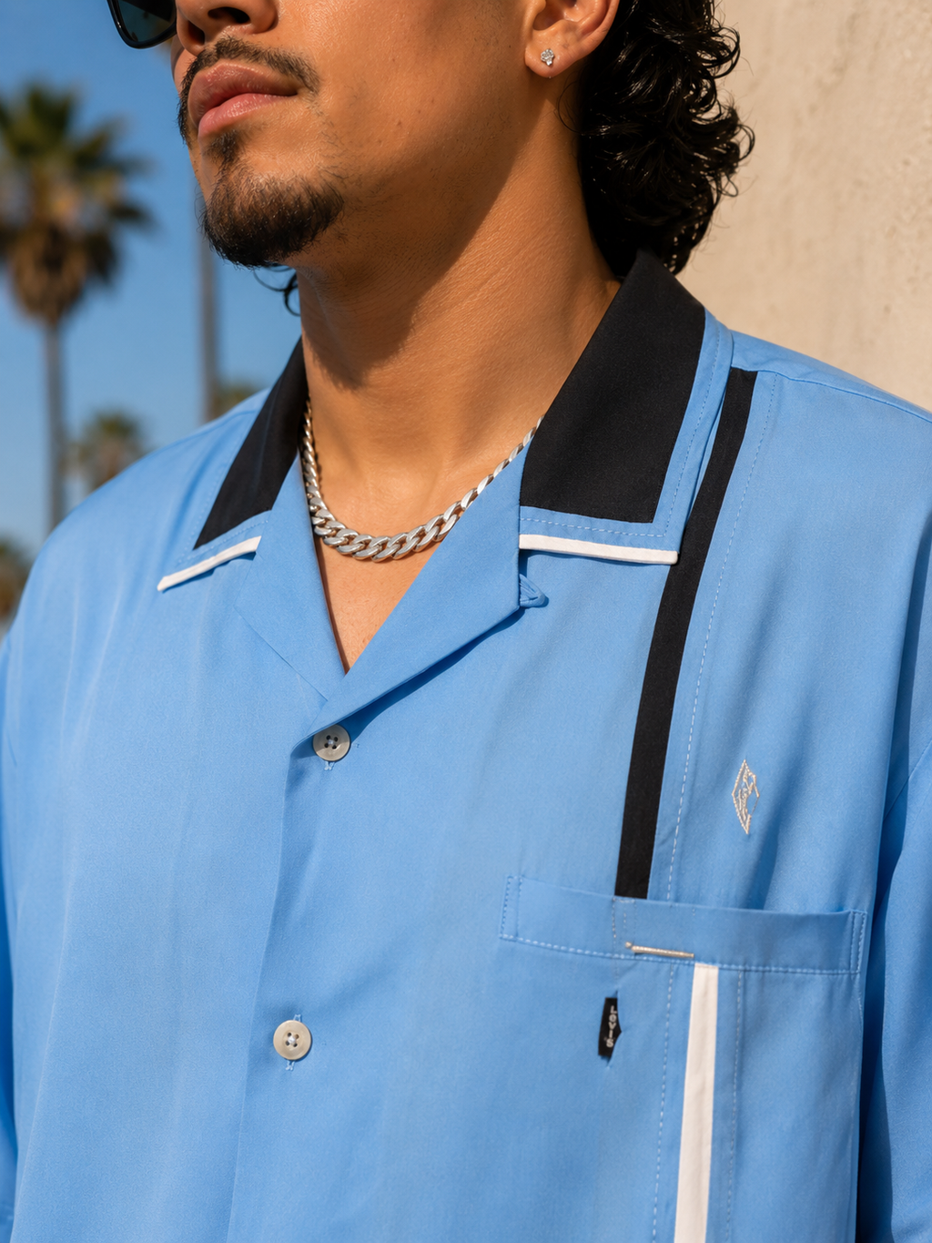 Vintage 90s 100% Silk Blue Retro Bowling Shirt | Rockabilly Shirt | MEDIUM