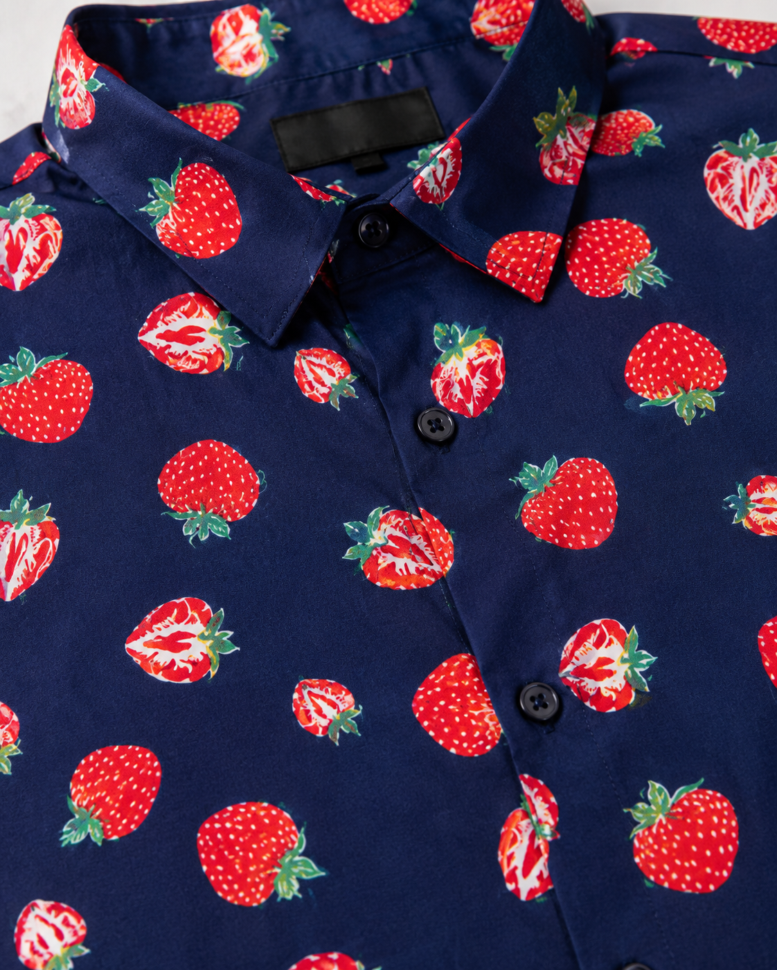 Mens Strawberry Print Button Up Shirt | Navy Blue Fruit Print Summer Shirt | LARGE