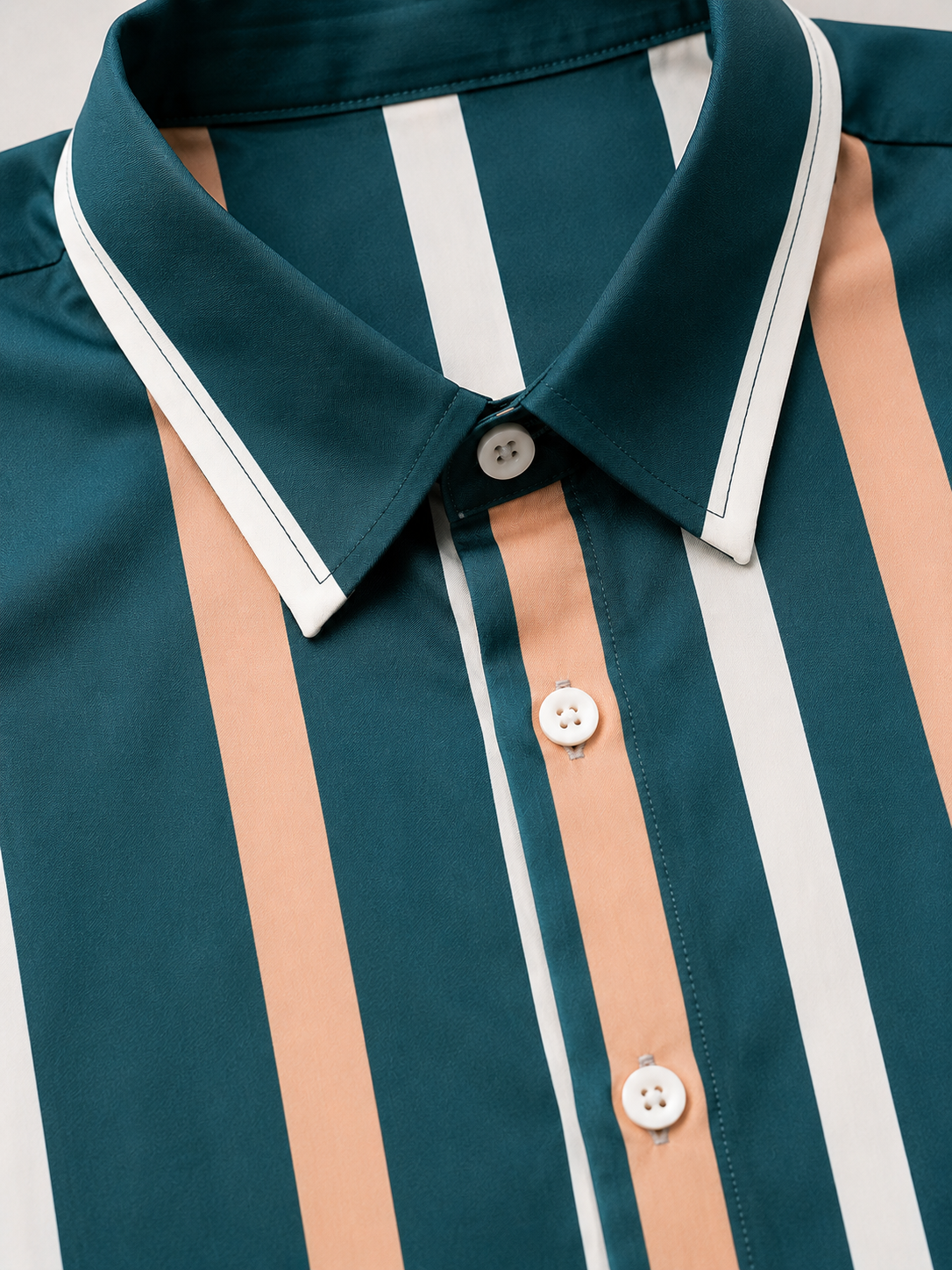 Mens Green Peach White Striped Button Down Shirt XL | Short Sleeve Casual Shirt | X-LARGE