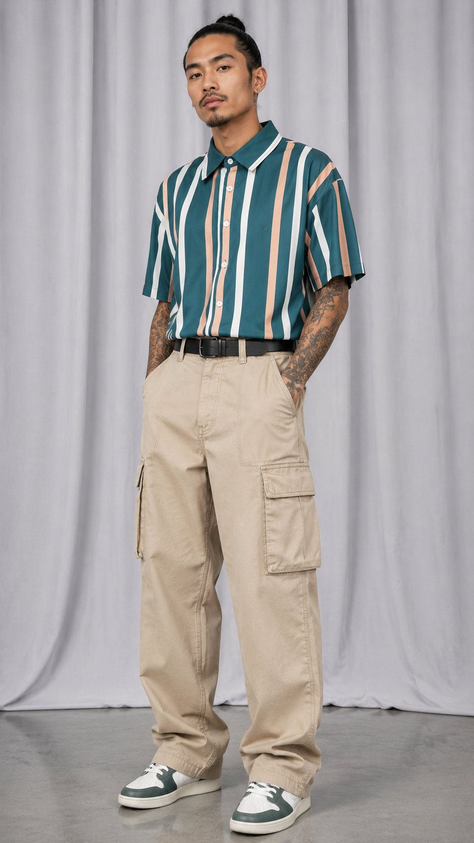 Mens Green Peach White Striped Button Down Shirt XL | Short Sleeve Casual Shirt | X-LARGE