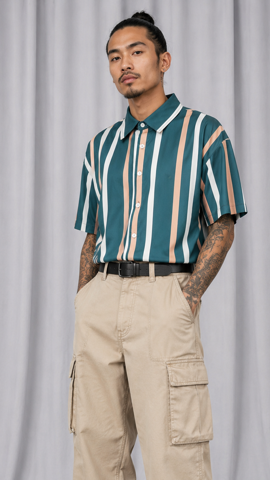 Mens Green Peach White Striped Button Down Shirt XL | Short Sleeve Casual Shirt | X-LARGE