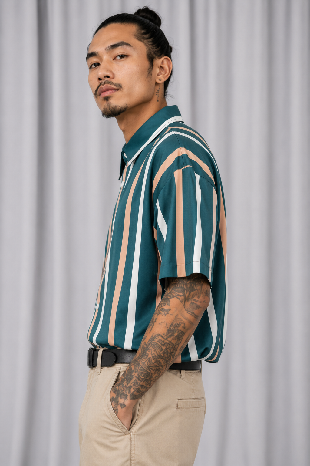 Mens Green Peach White Striped Button Down Shirt XL | Short Sleeve Casual Shirt | X-LARGE
