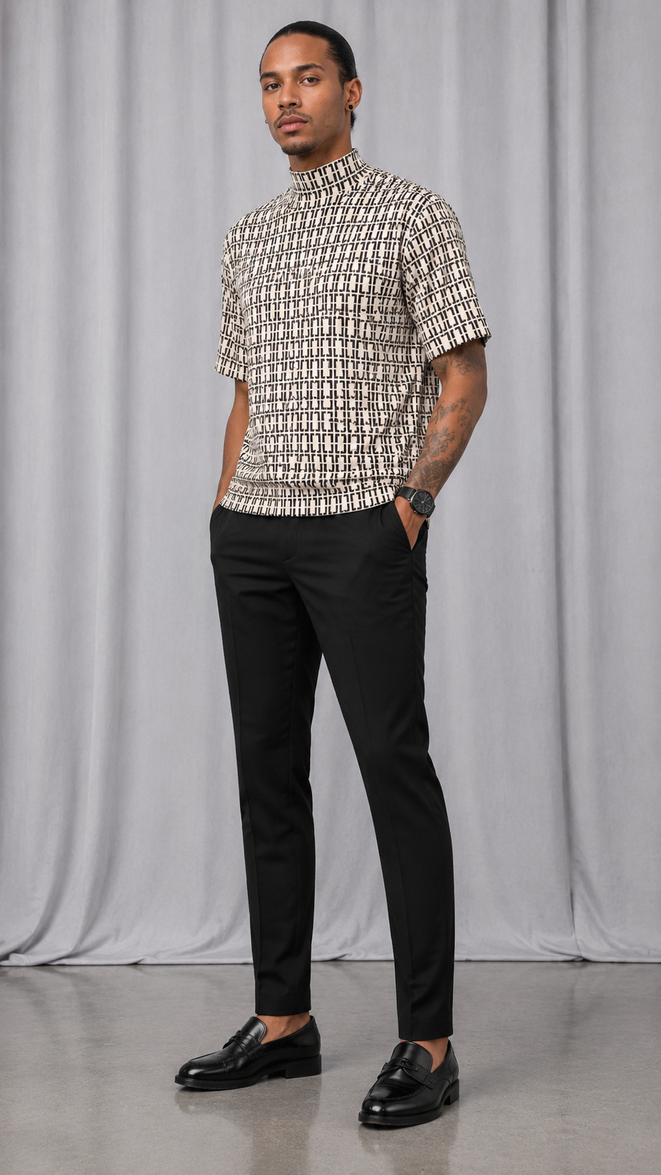 Vintage 90s Geometric Print Mock Neck Shirt | Dress Shirt | MEDIUM