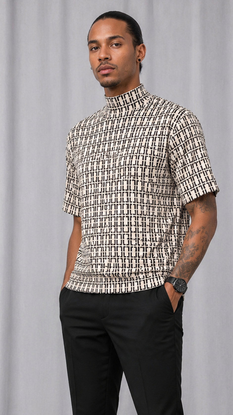Vintage 90s Geometric Print Mock Neck Shirt | Dress Shirt | MEDIUM