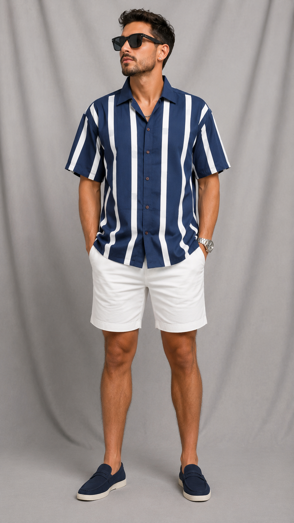 Vintage 90s Navy Blue White Striped Button Down Shirt | XL