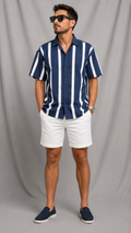 Vintage 90s Navy Blue White Striped Button Down Shirt | XL