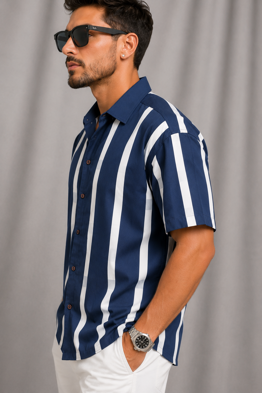 Vintage 90s Navy Blue White Striped Button Down Shirt | XL