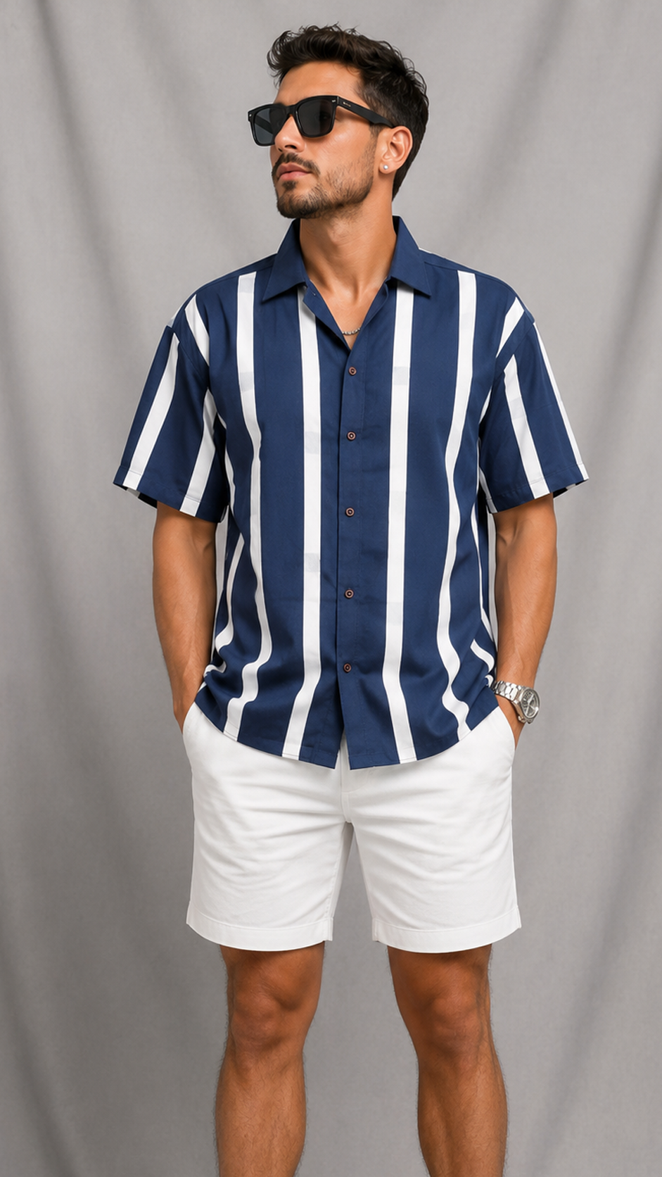 Vintage 90s Navy Blue White Striped Button Down Shirt | XL
