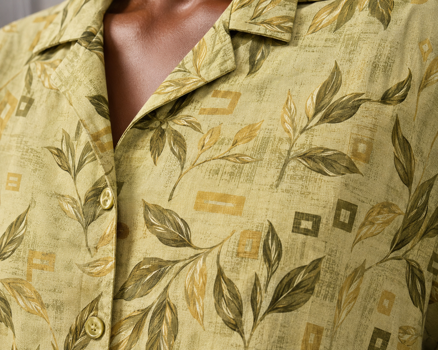 Vintage 90s Olive Green Botanical Button Up Shirt | Leaf Print Camp Collar Blouse | 2XL