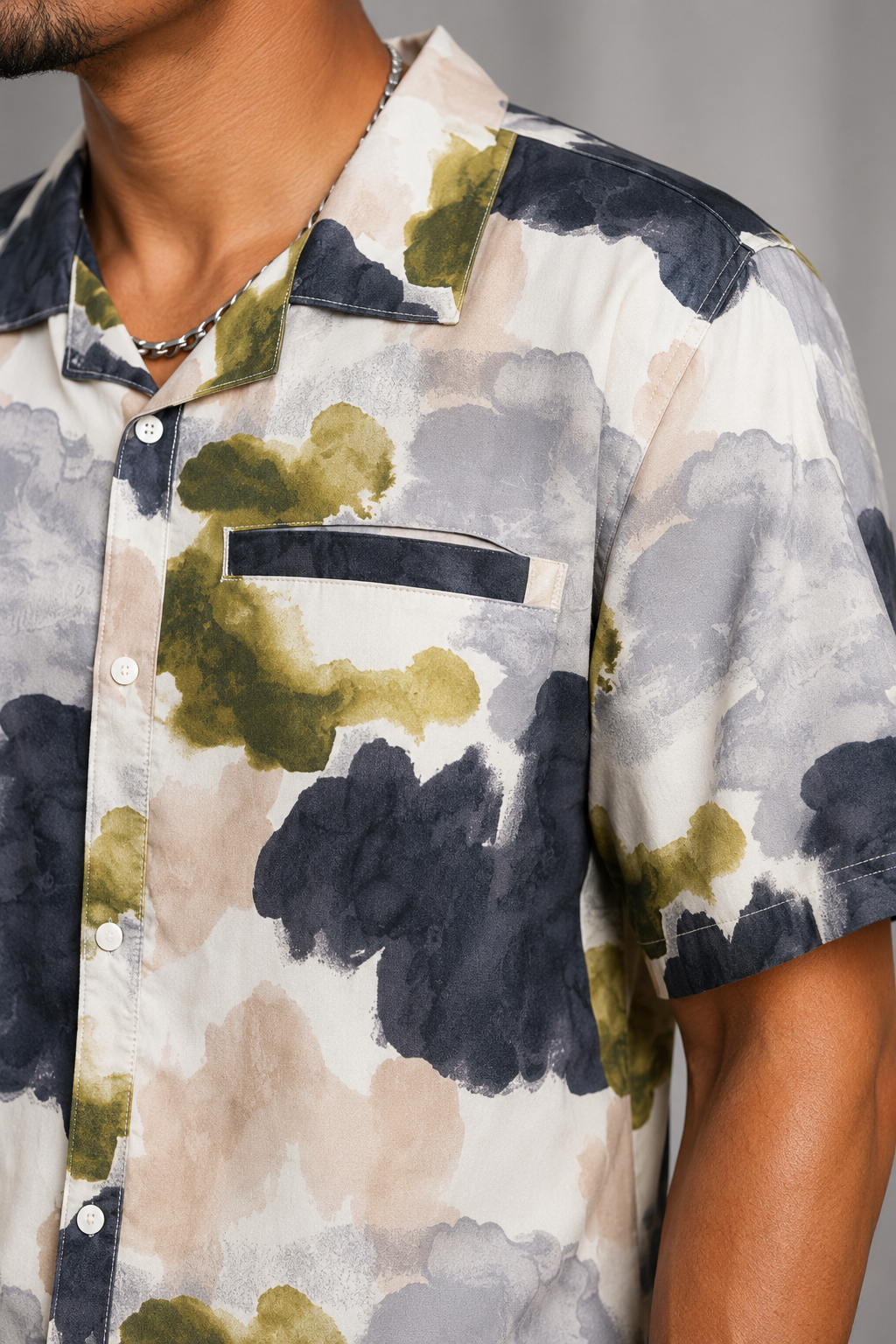 Mens Nuetral Tone Abstract Print Button Up Shirt | XL
