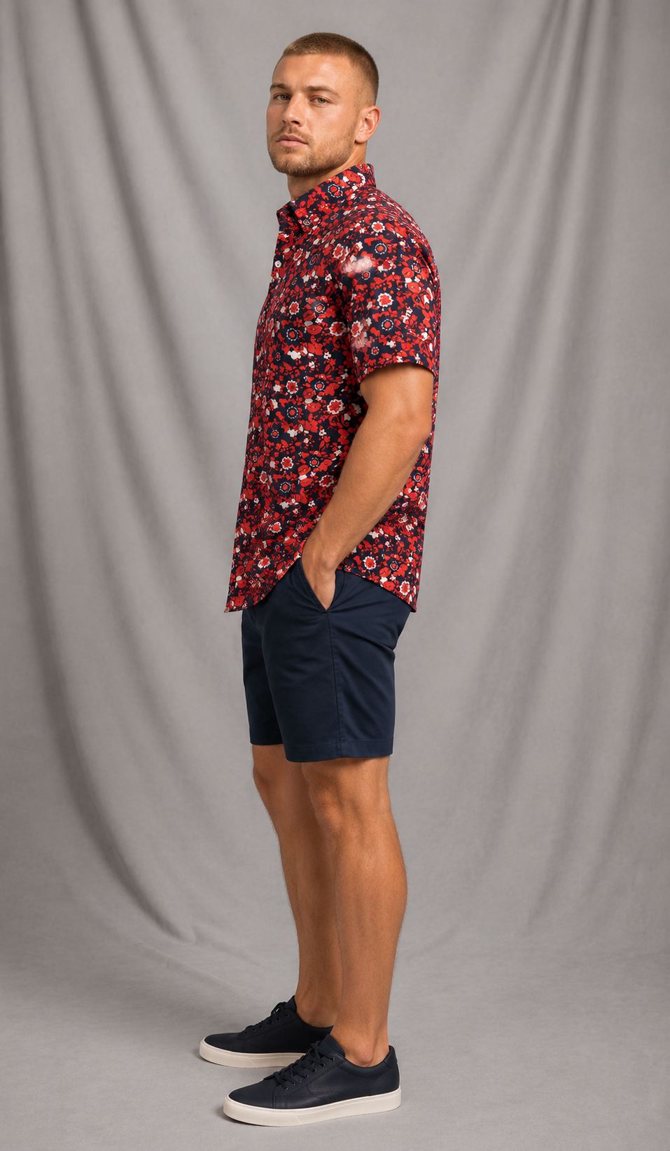 Red & Navy Floral Print Button-Up Shirt | SMALL
