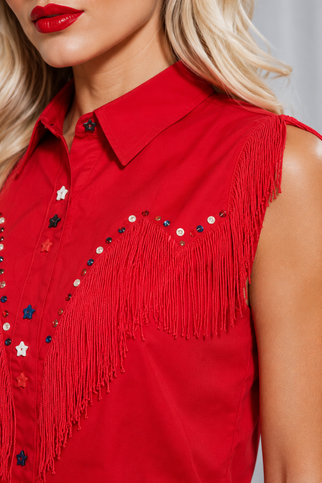 Vintage 90s Red Western Fringe Top| Sleeveless Tassel Button Front Cotton Cowgirl Shirt | MEDIUM