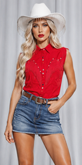 Vintage 90s Red Western Fringe Top| Sleeveless Tassel Button Front Cotton Cowgirl Shirt | MEDIUM