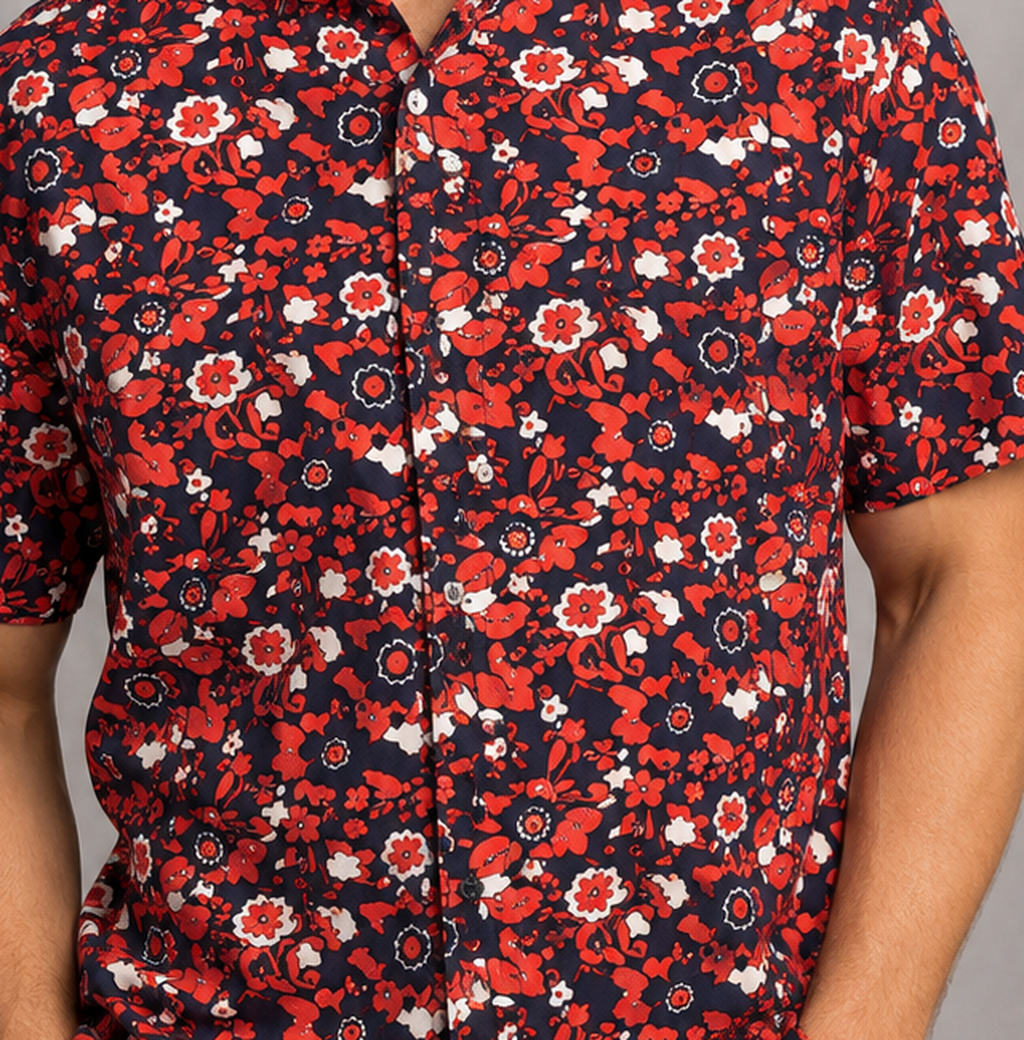 Red & Navy Floral Print Button-Up Shirt | SMALL
