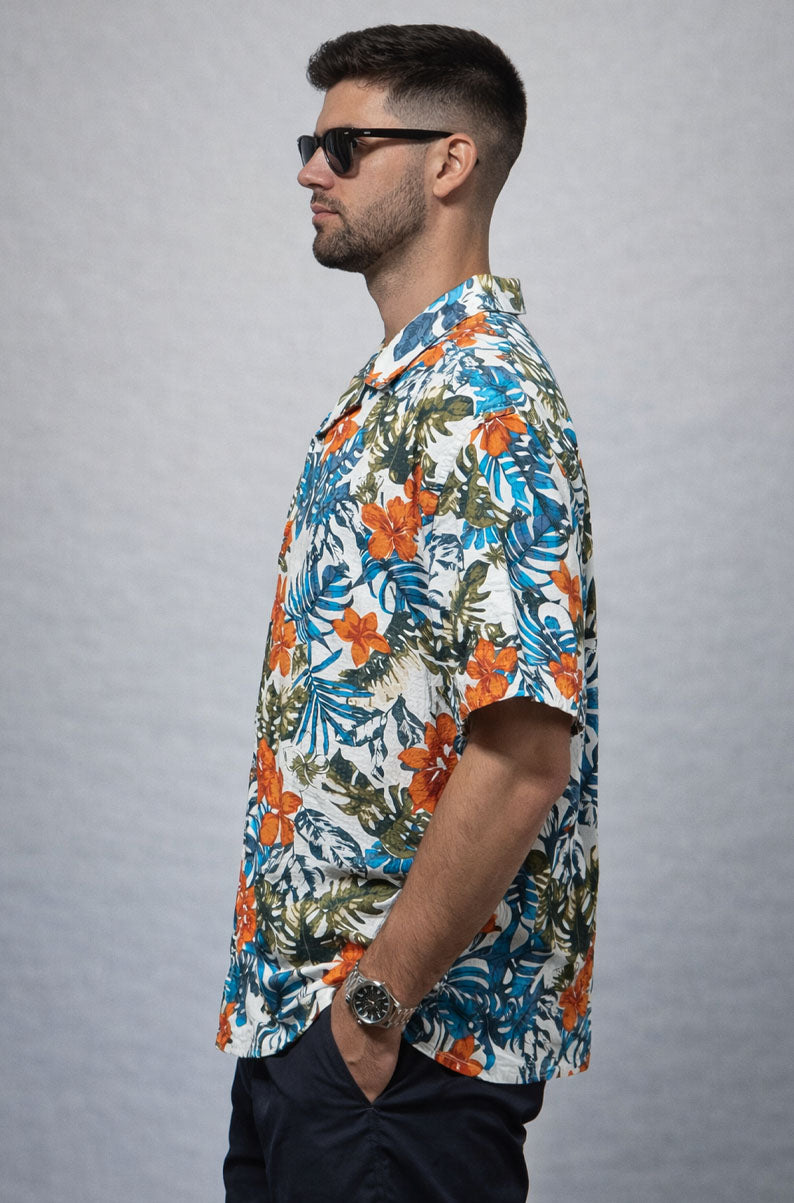 Mens Tropical Print Button Up Shirt  Hawaiian Floral Beach Vacation Shirt | LARGE