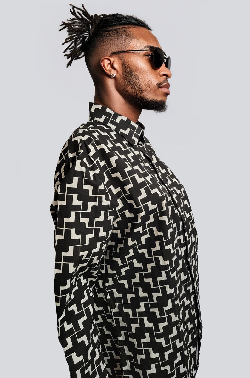 90s Style Retro Print Button Down Shirt | LARGE