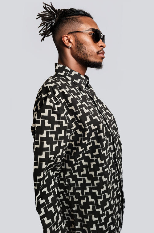 90s Style Retro Print Button Down Shirt | LARGE